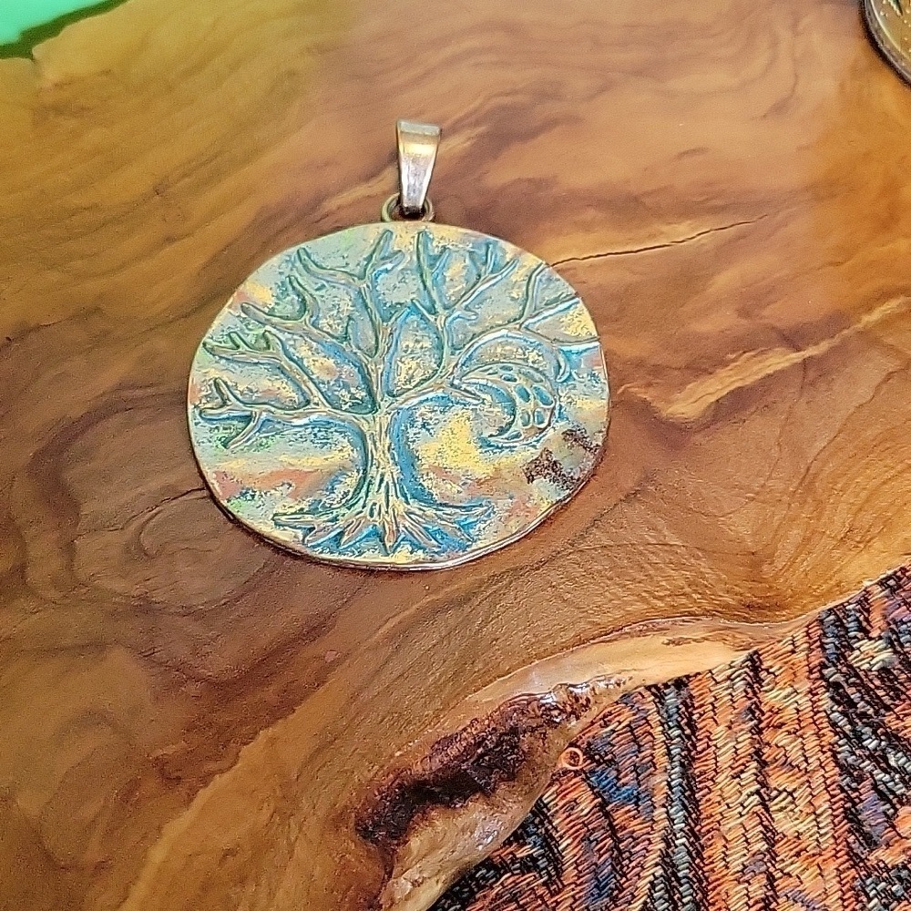 Pale Golden & Teal Colored Tree Of Life And Moon Bigger Pendant - Picture 1 of 7